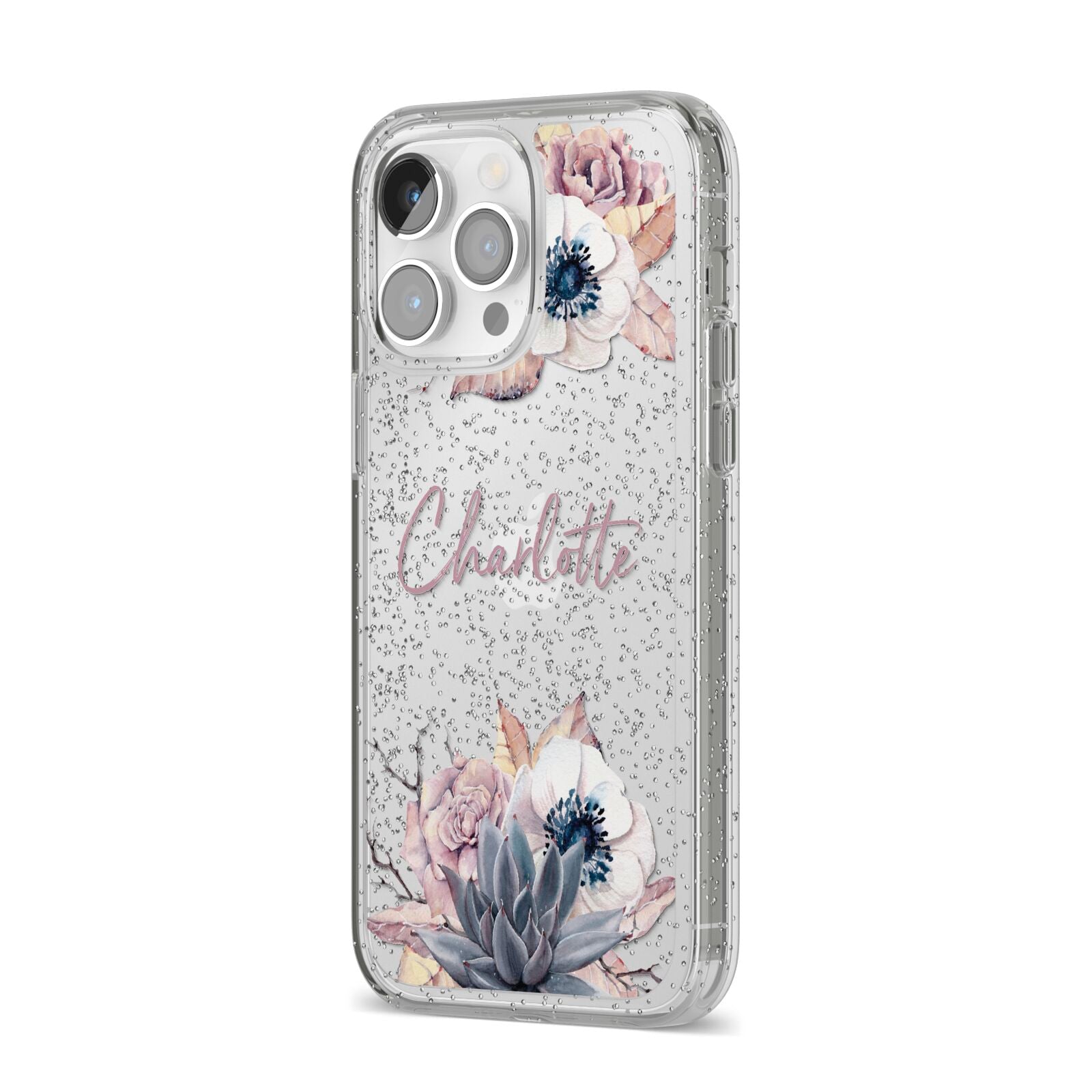 Personalised Autumn Floral iPhone 14 Pro Max Glitter Tough Case Silver Angled Image
