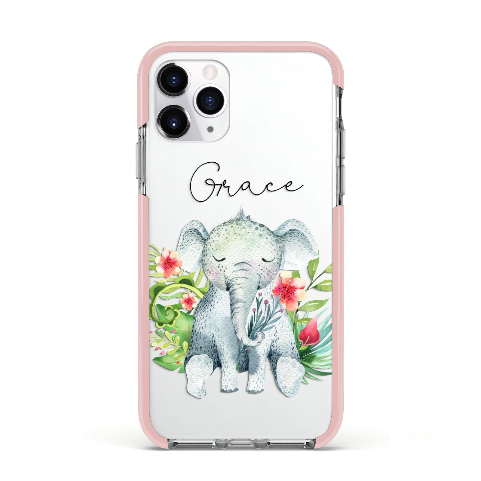 Personalised Baby Elephant Apple iPhone 11 Pro in Silver with Pink Impact Case