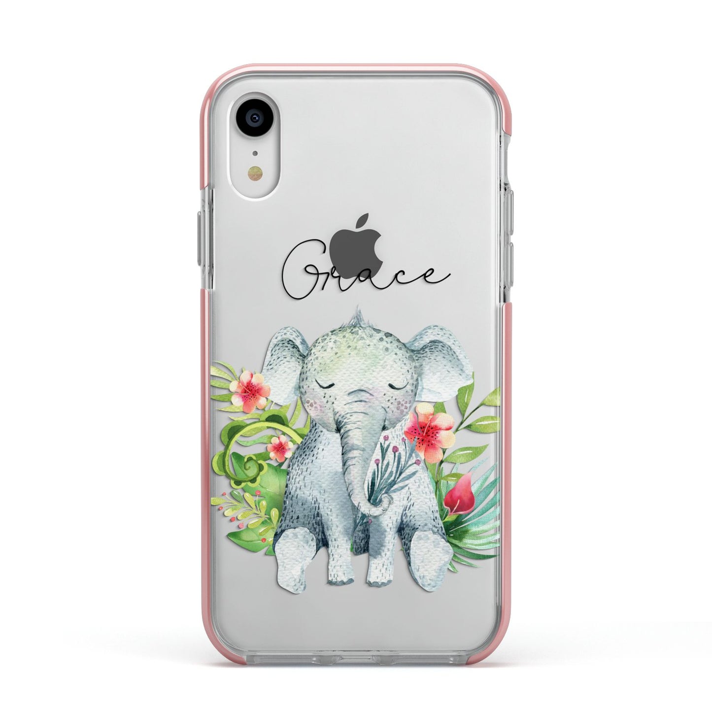 Personalised Baby Elephant Apple iPhone XR Impact Case Pink Edge on Silver Phone