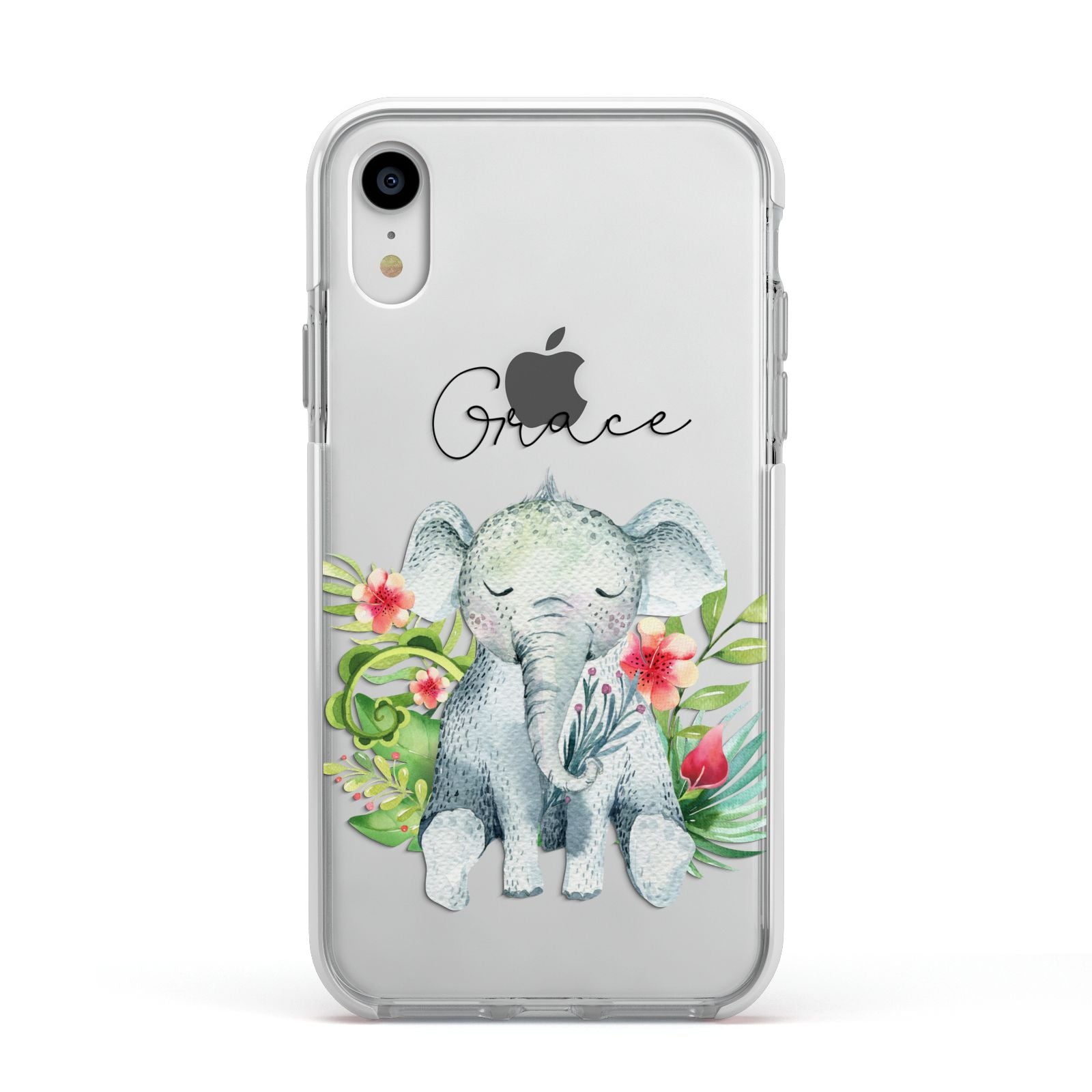 Personalised Baby Elephant Apple iPhone XR Impact Case White Edge on Silver Phone