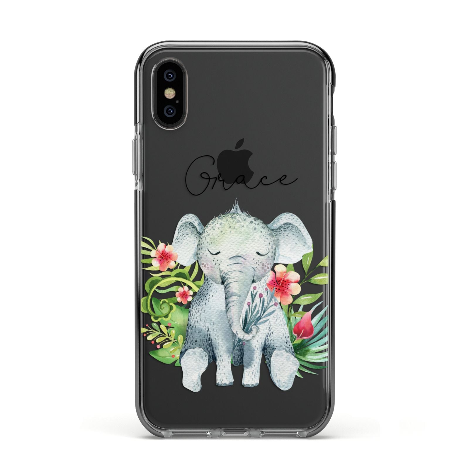 Personalised Baby Elephant Apple iPhone Xs Impact Case Black Edge on Black Phone