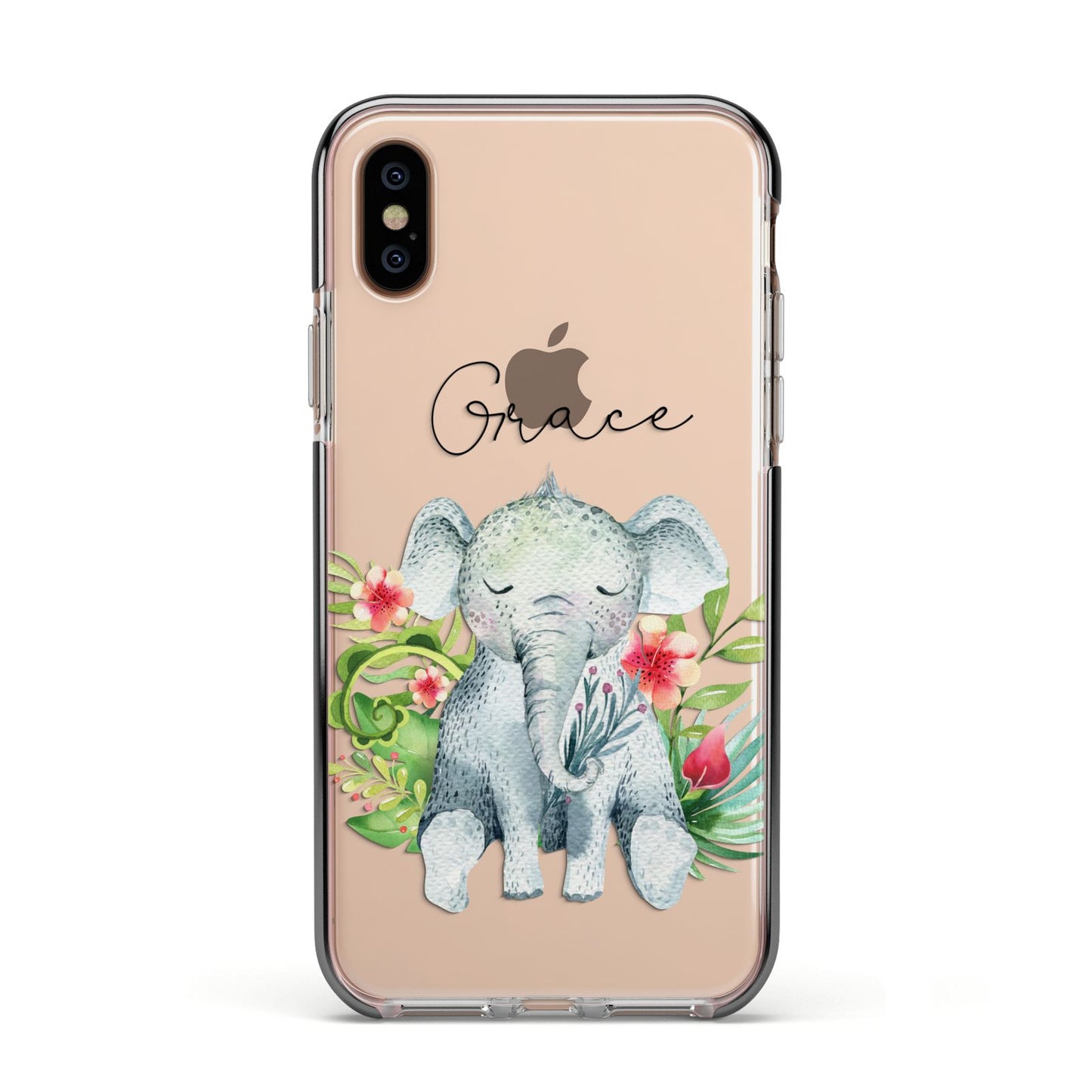 Personalised Baby Elephant Apple iPhone Xs Impact Case Black Edge on Gold Phone