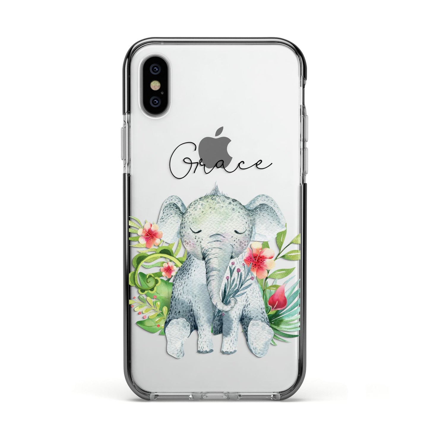 Personalised Baby Elephant Apple iPhone Xs Impact Case Black Edge on Silver Phone