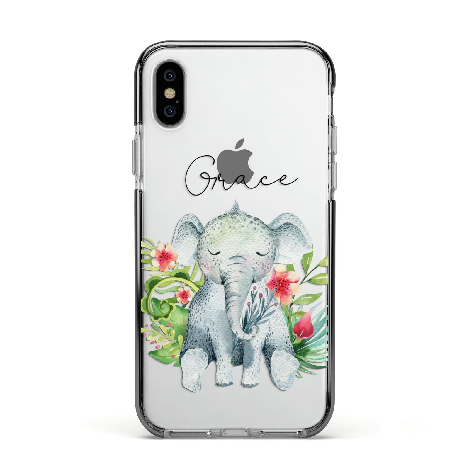 Personalised Baby Elephant Apple iPhone Xs Impact Case Black Edge on Silver Phone