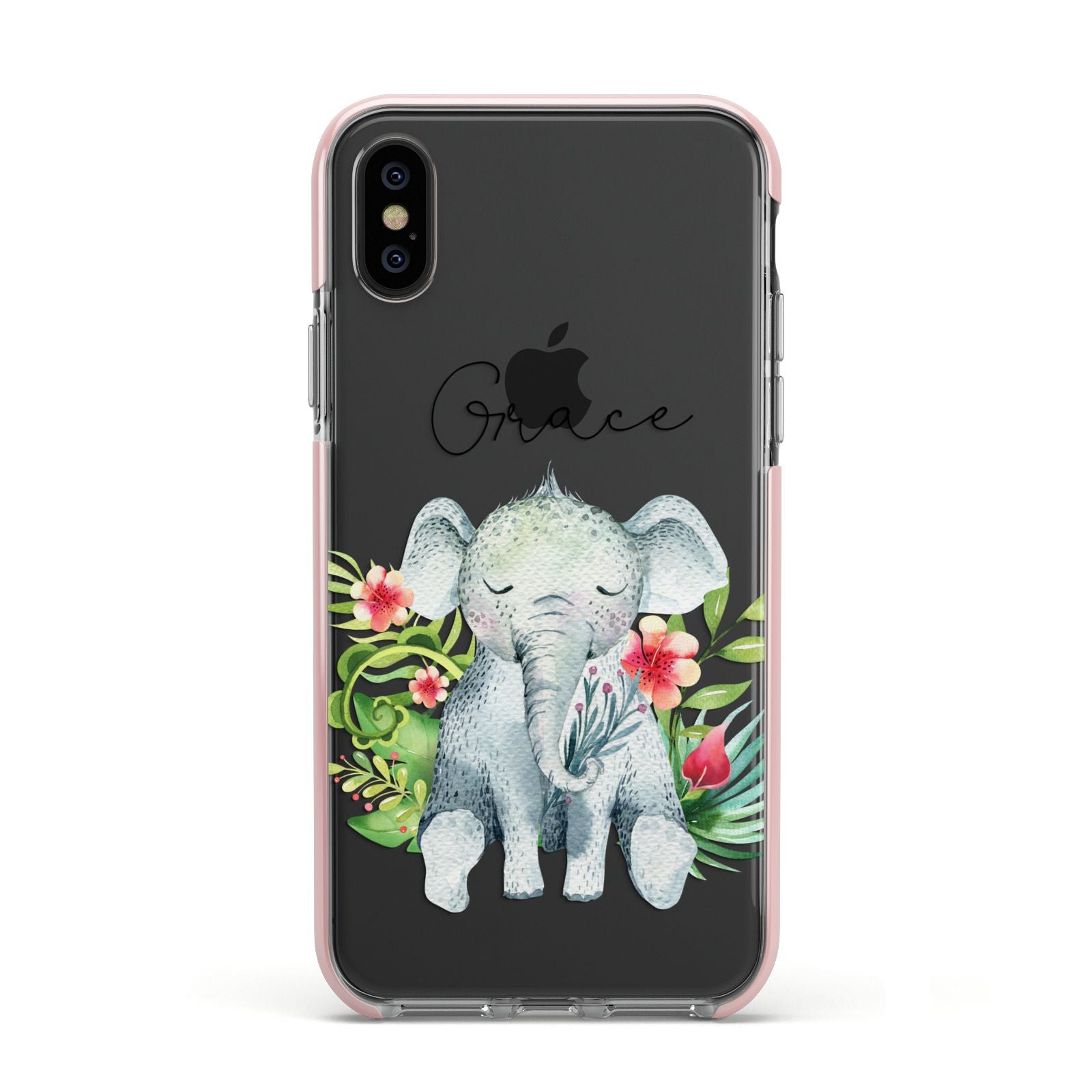 Personalised Baby Elephant Apple iPhone Xs Impact Case Pink Edge on Black Phone