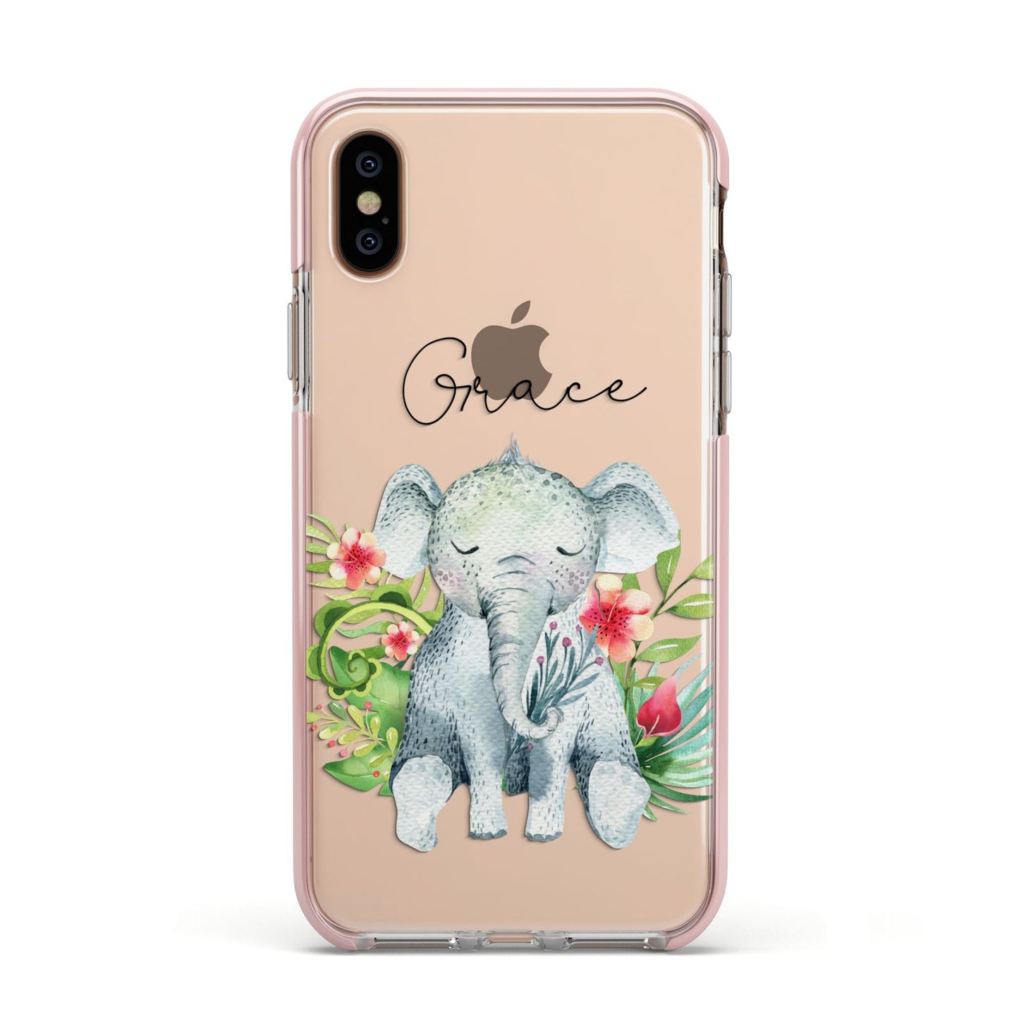 Personalised Baby Elephant Apple iPhone Xs Impact Case Pink Edge on Gold Phone