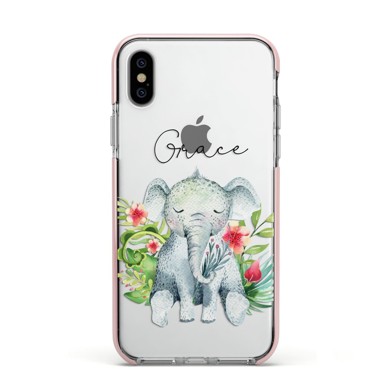 Personalised Baby Elephant Apple iPhone Xs Impact Case Pink Edge on Silver Phone