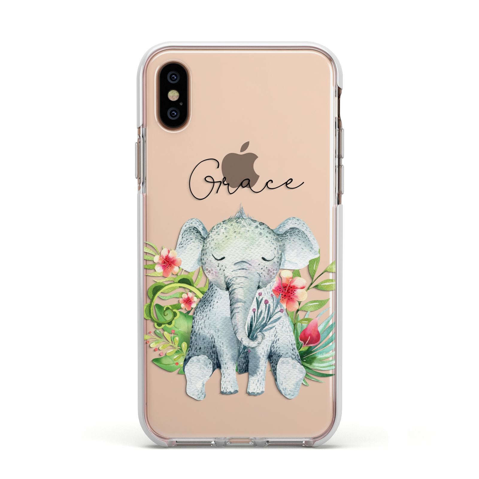 Personalised Baby Elephant Apple iPhone Xs Impact Case White Edge on Gold Phone