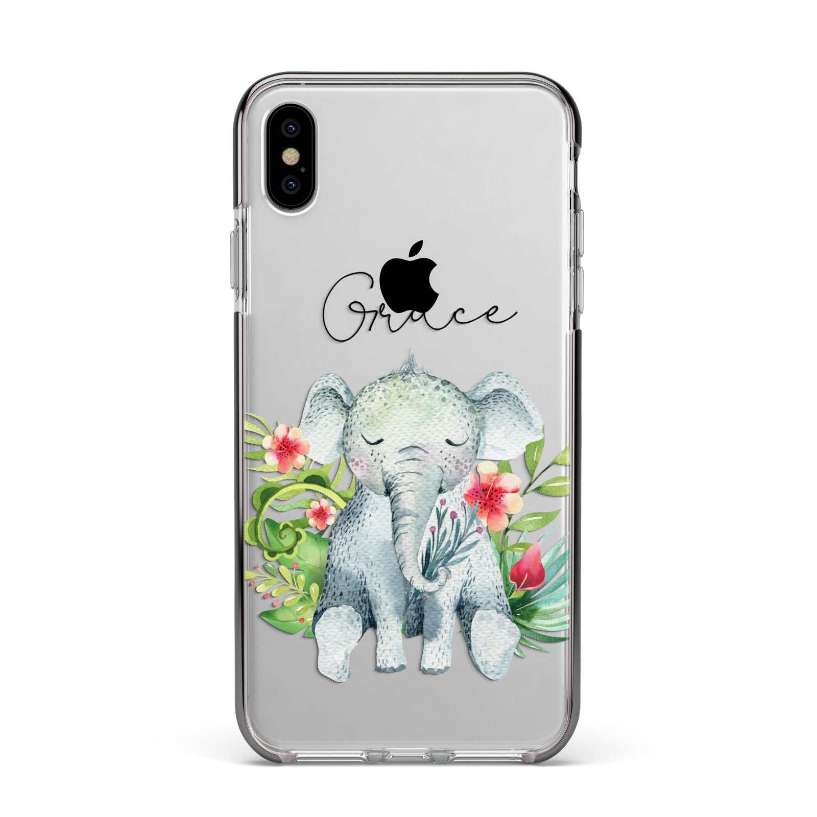 Personalised Baby Elephant Apple iPhone Xs Max Impact Case Black Edge on Silver Phone