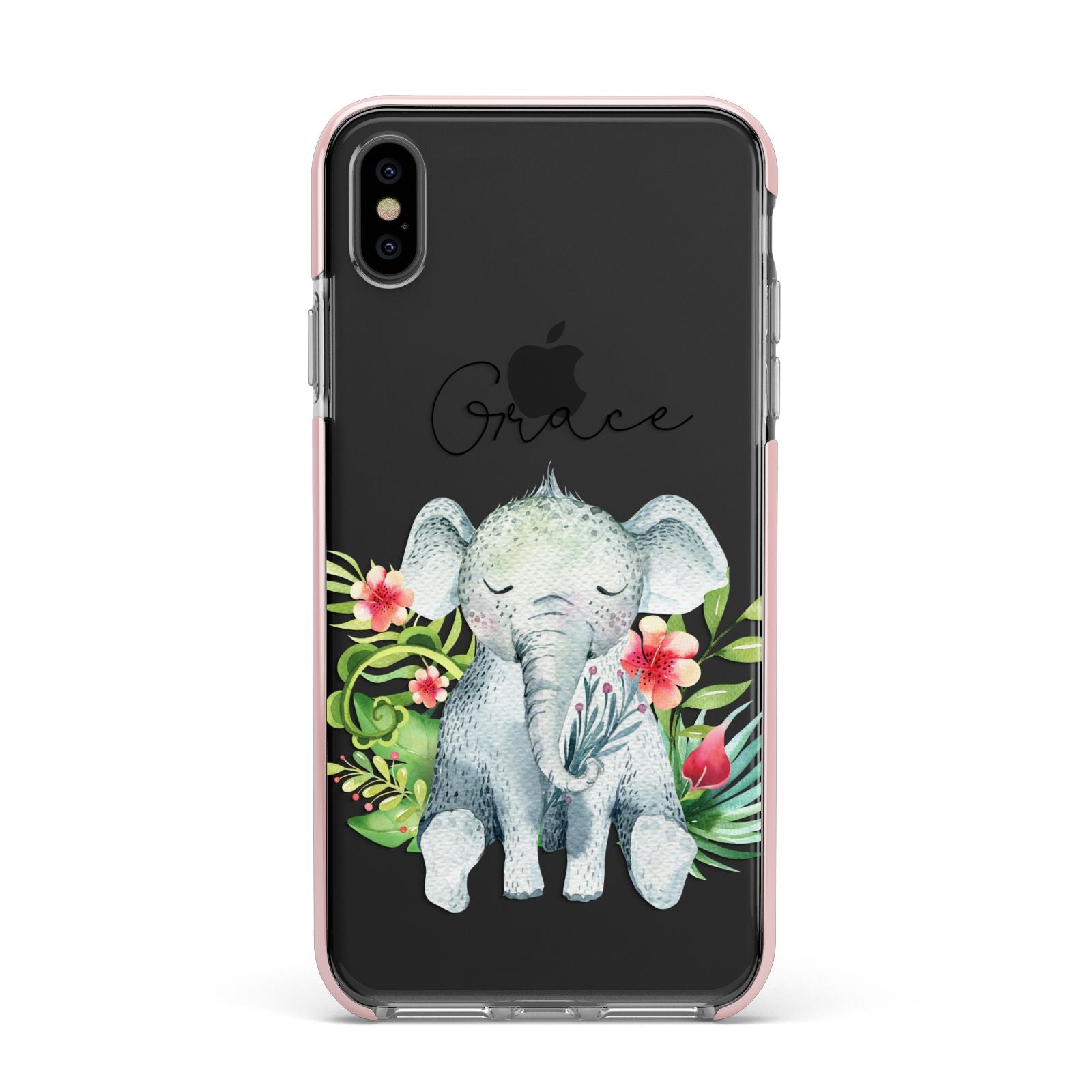 Personalised Baby Elephant Apple iPhone Xs Max Impact Case Pink Edge on Black Phone