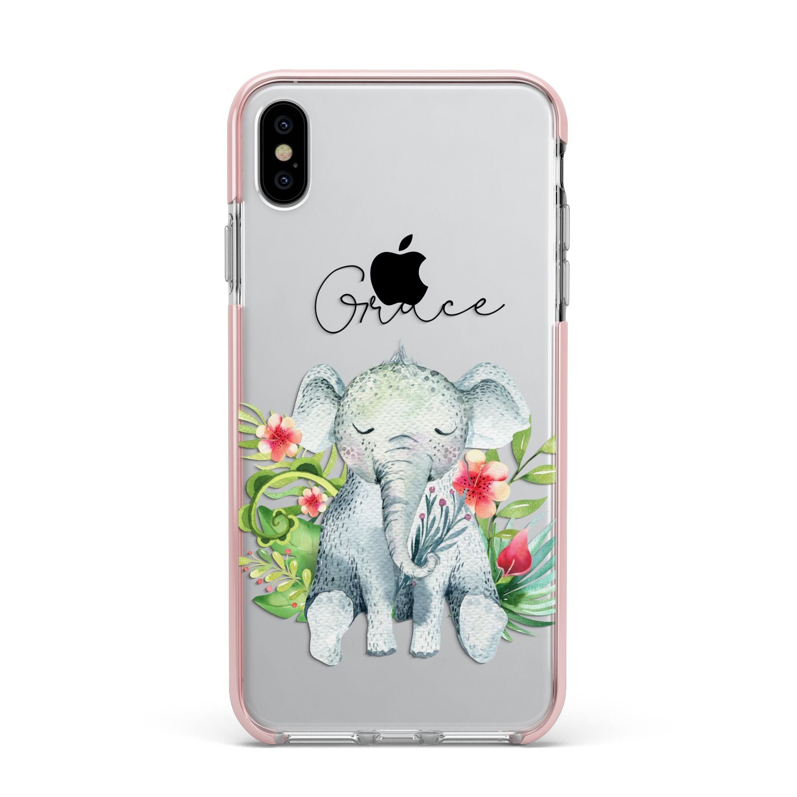 Personalised Baby Elephant Apple iPhone Xs Max Impact Case Pink Edge on Silver Phone