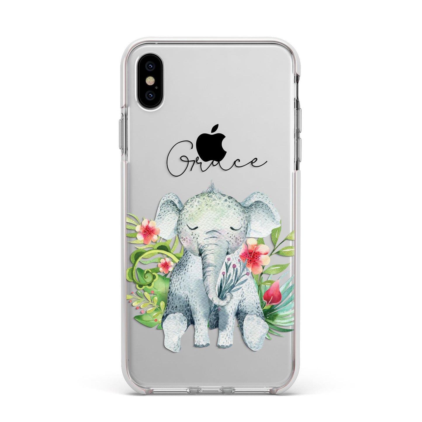 Personalised Baby Elephant Apple iPhone Xs Max Impact Case White Edge on Silver Phone