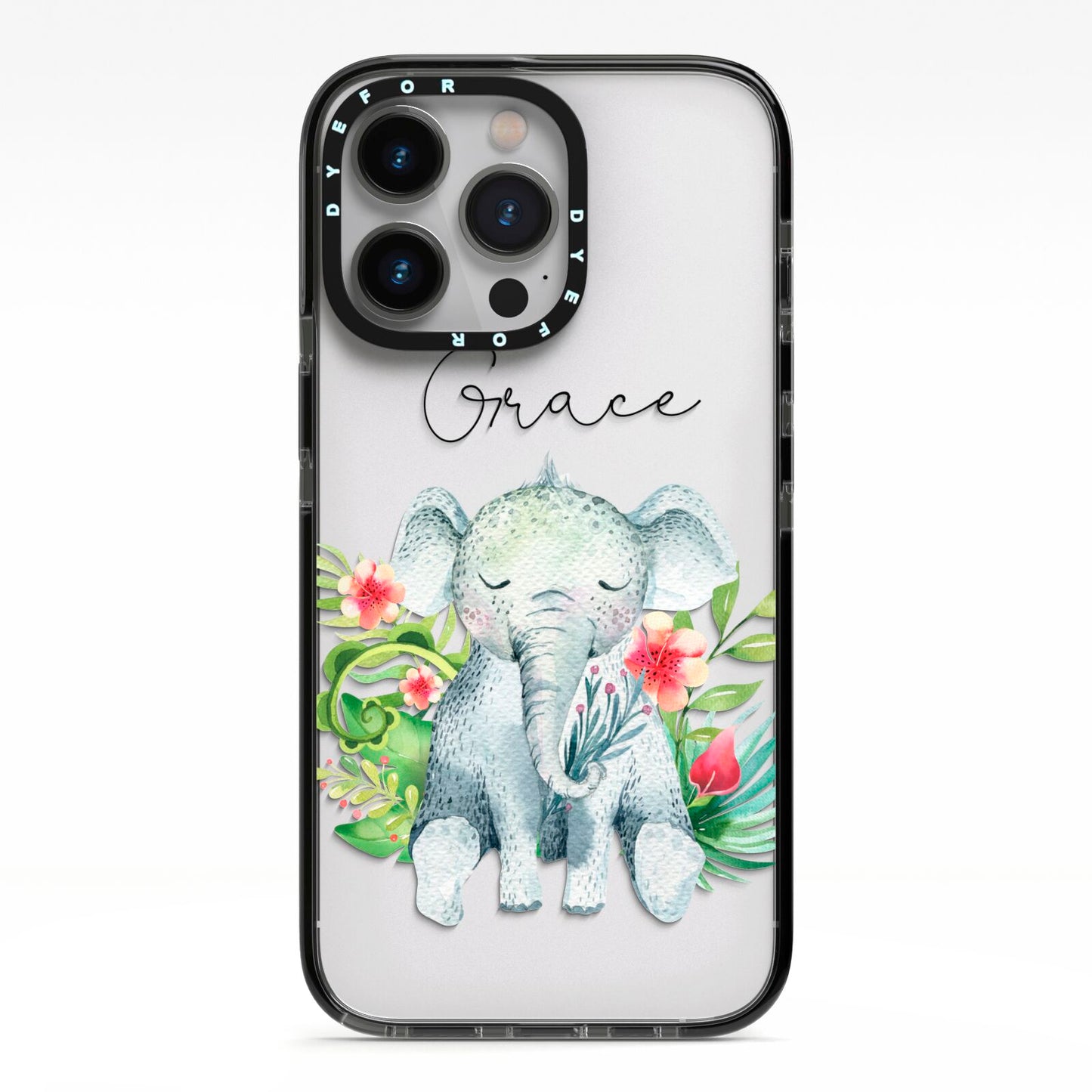 Personalised Baby Elephant iPhone 13 Pro Black Impact Case on Silver phone