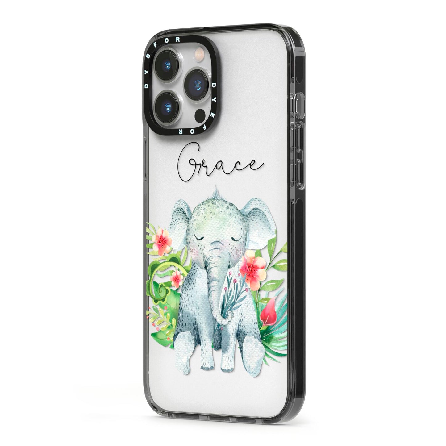 Personalised Baby Elephant iPhone 13 Pro Max Black Impact Case Side Angle on Silver phone