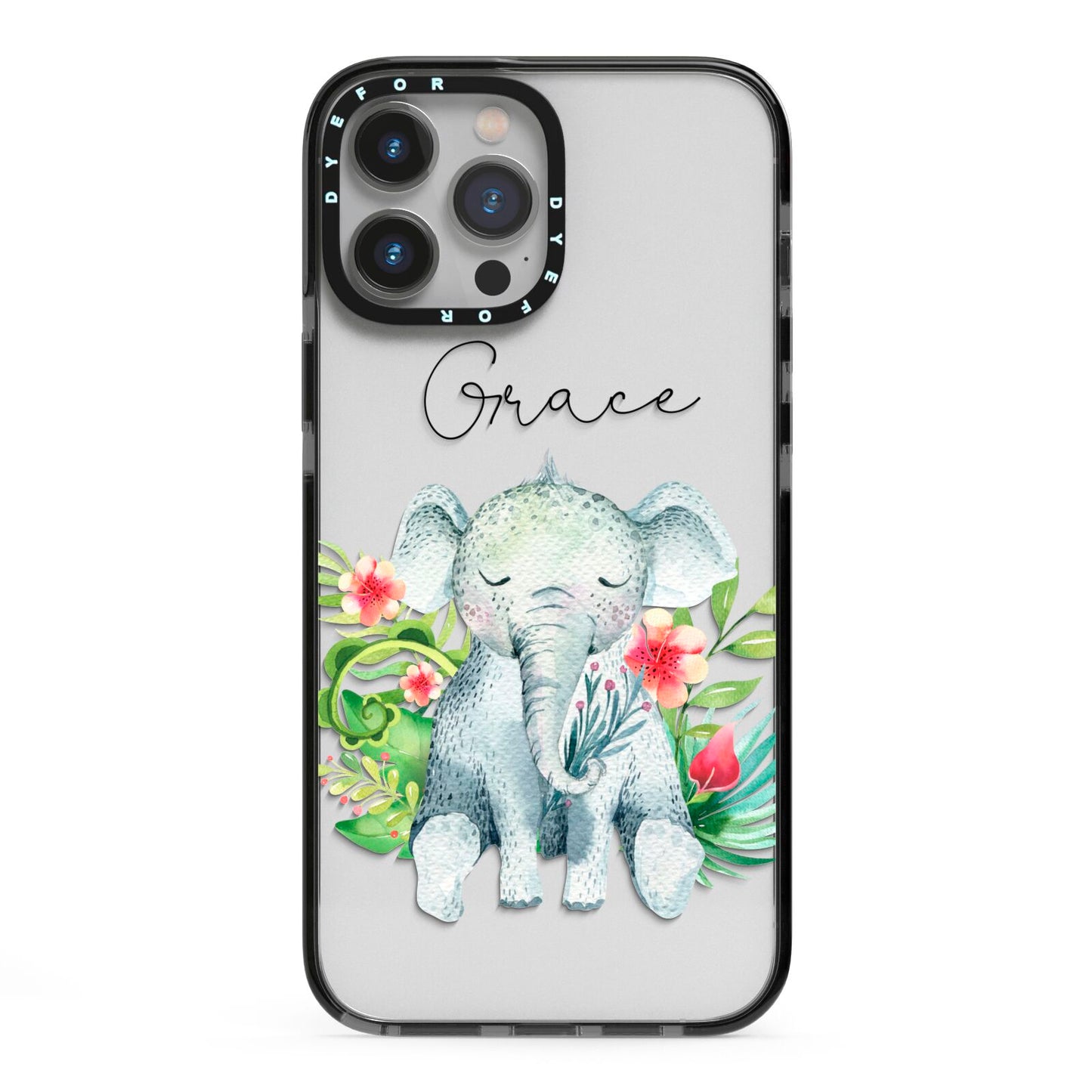 Personalised Baby Elephant iPhone 13 Pro Max Black Impact Case on Silver phone