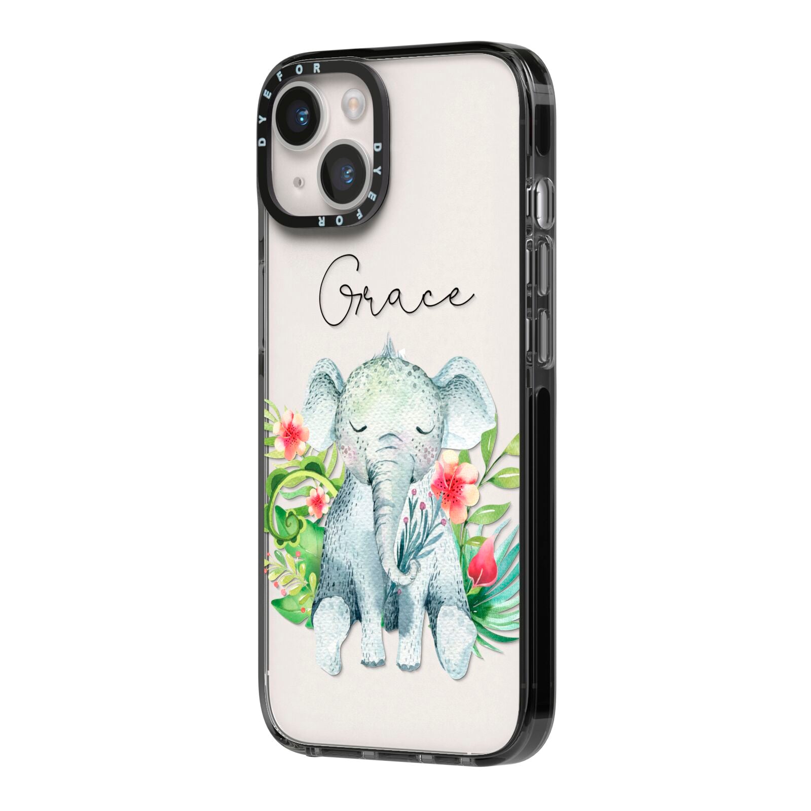 Personalised Baby Elephant iPhone 14 Black Impact Case Side Angle on Silver phone