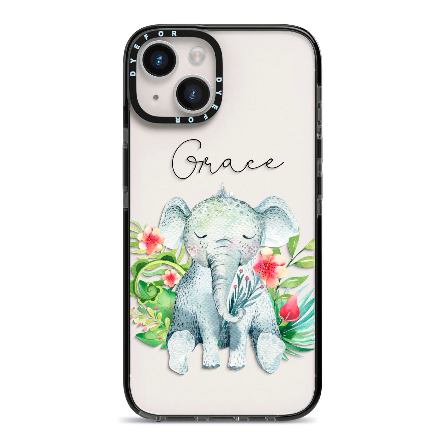 Personalised Baby Elephant iPhone 14 Black Impact Case on Silver phone
