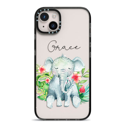 Personalised Baby Elephant iPhone 14 Plus Black Impact Case on Silver phone