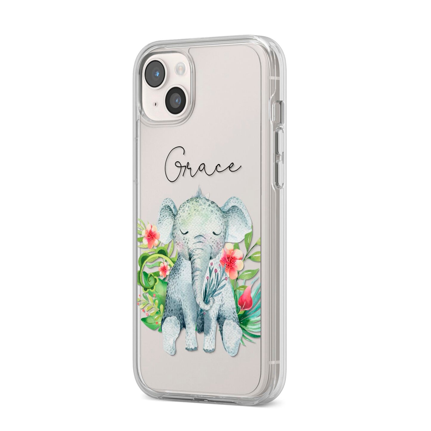 Personalised Baby Elephant iPhone 14 Plus Clear Tough Case Starlight Angled Image