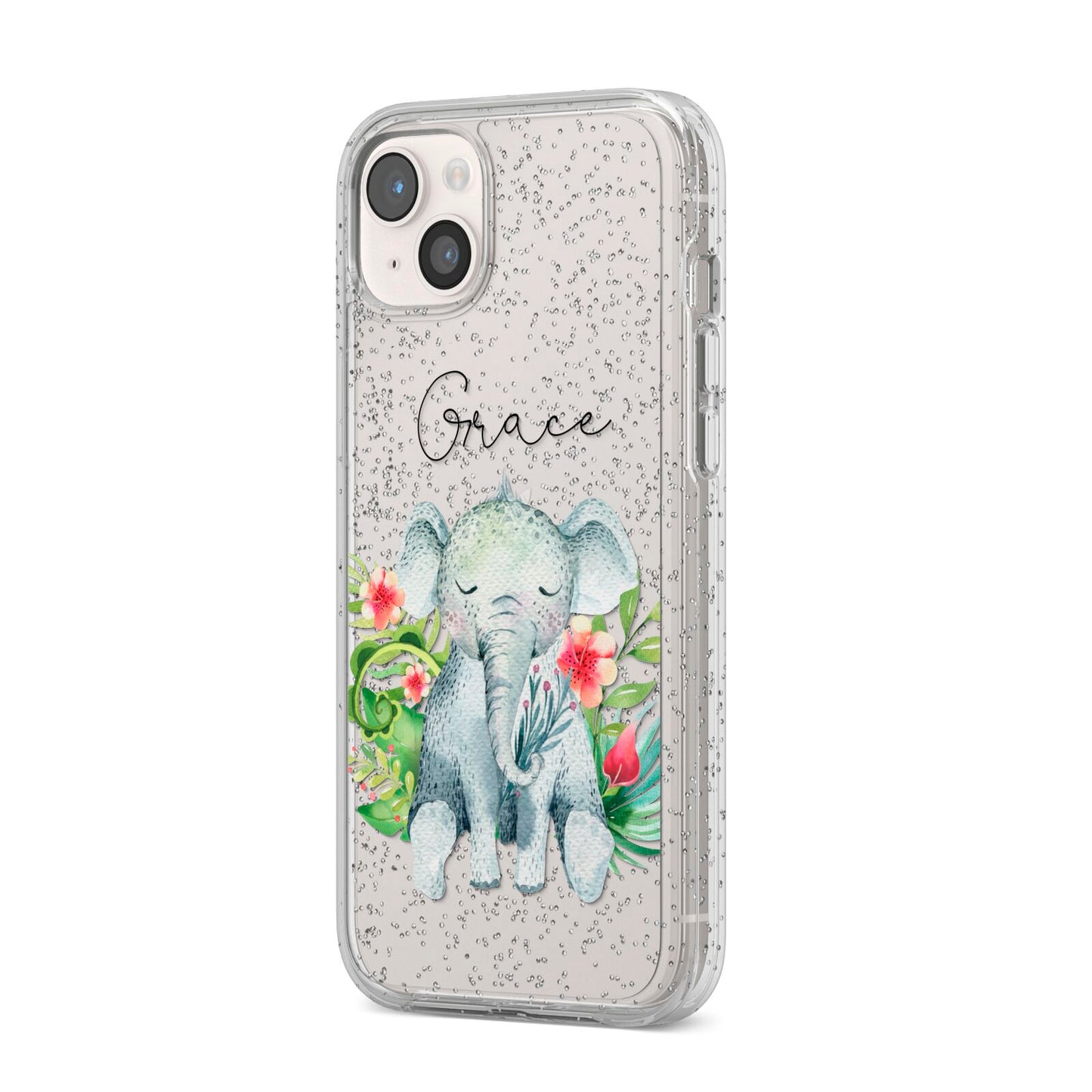 Personalised Baby Elephant iPhone 14 Plus Glitter Tough Case Starlight Angled Image