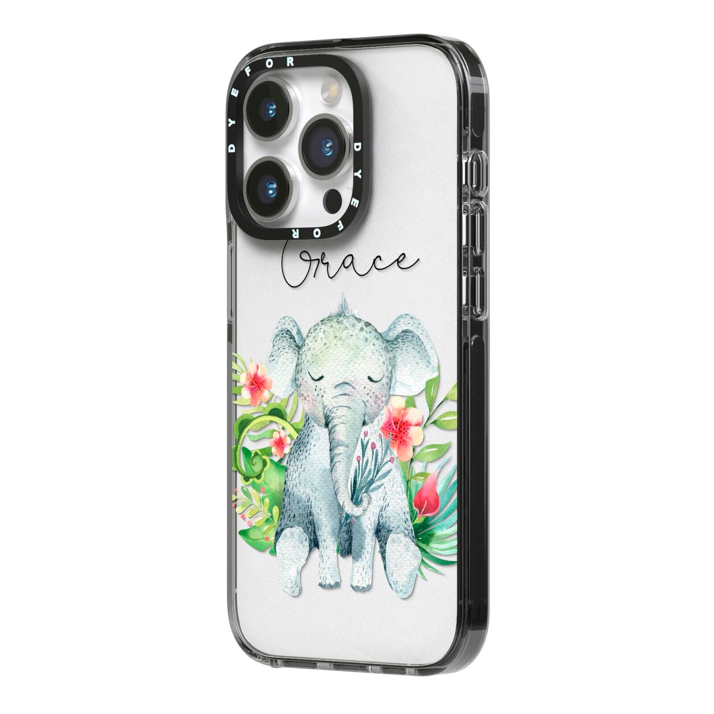 Personalised Baby Elephant iPhone 14 Pro Black Impact Case Side Angle on Silver phone