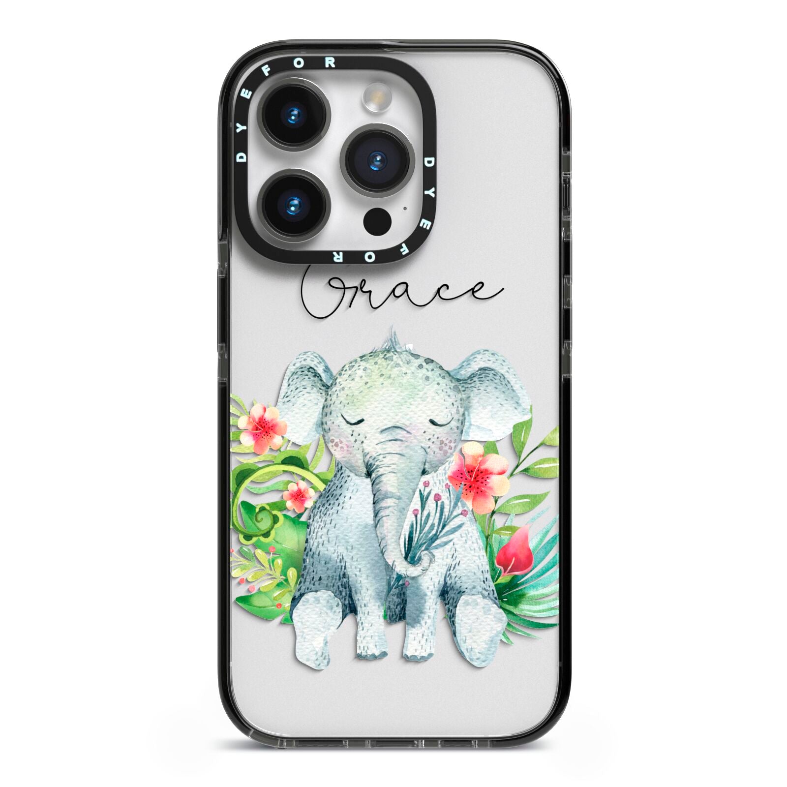 Personalised Baby Elephant iPhone 14 Pro Black Impact Case on Silver phone