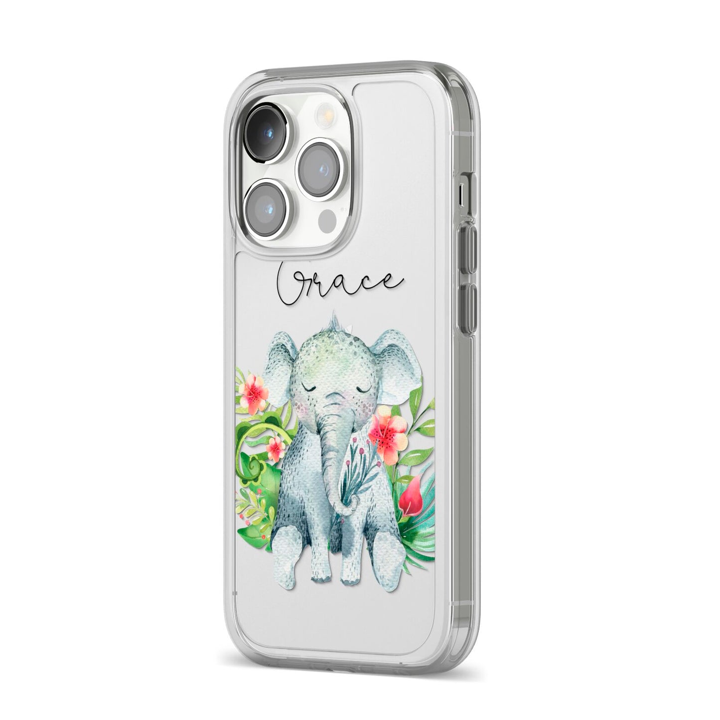 Personalised Baby Elephant iPhone 14 Pro Clear Tough Case Silver Angled Image