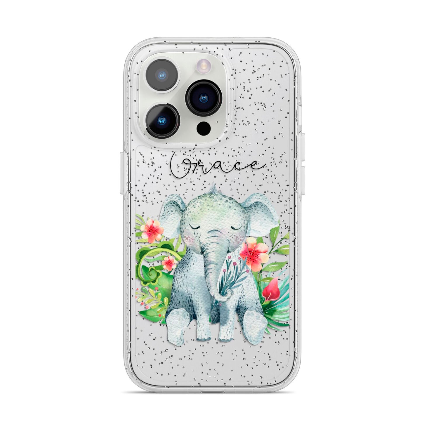 Personalised Baby Elephant iPhone 14 Pro Glitter Tough Case Silver