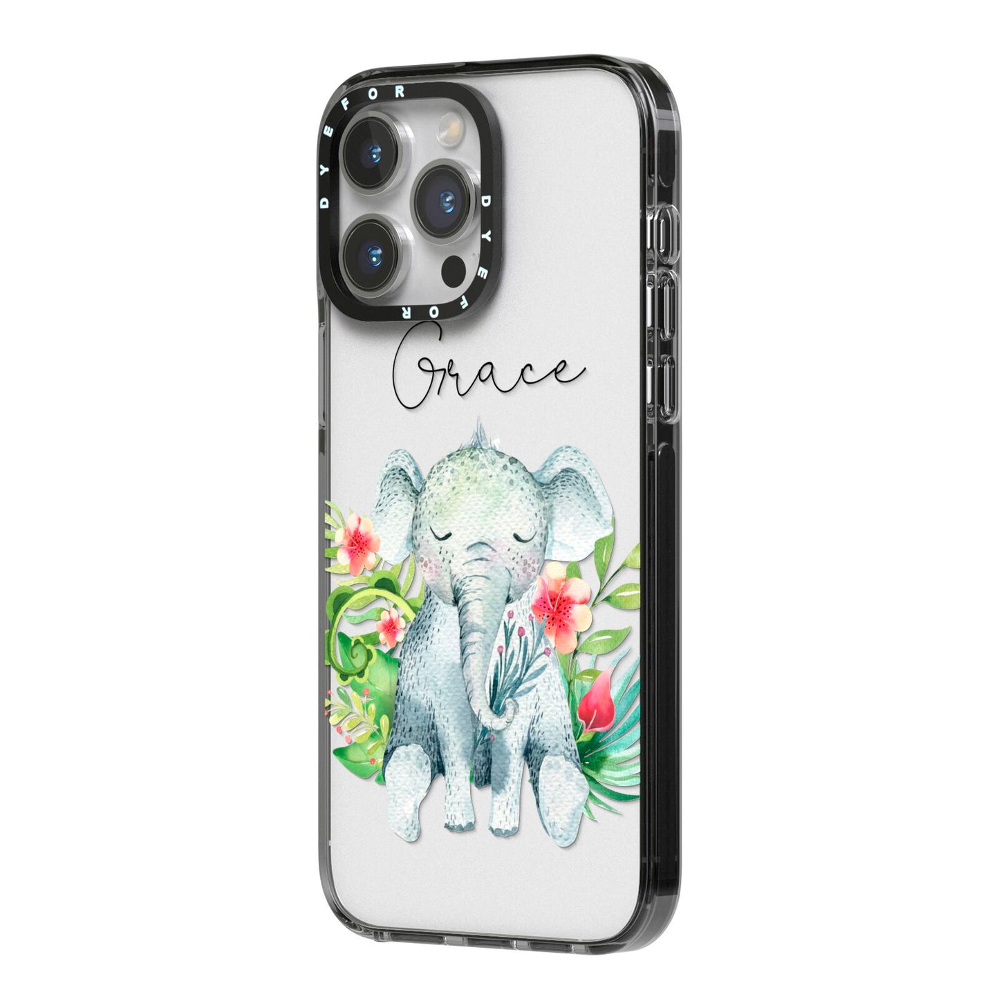 Personalised Baby Elephant iPhone 14 Pro Max Black Impact Case Side Angle on Silver phone