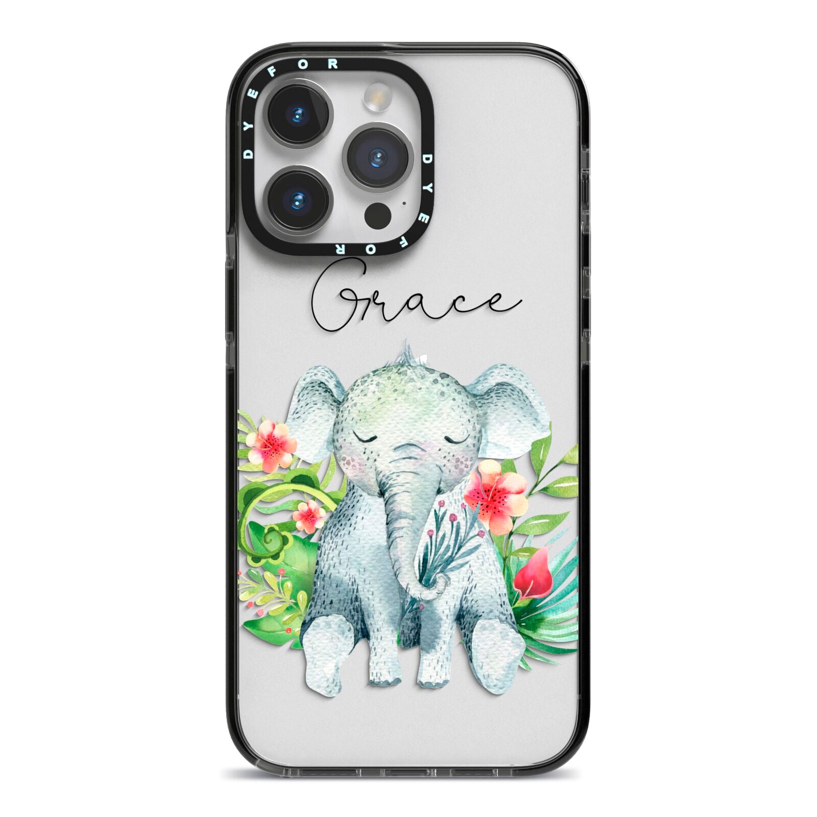 Personalised Baby Elephant iPhone 14 Pro Max Black Impact Case on Silver phone
