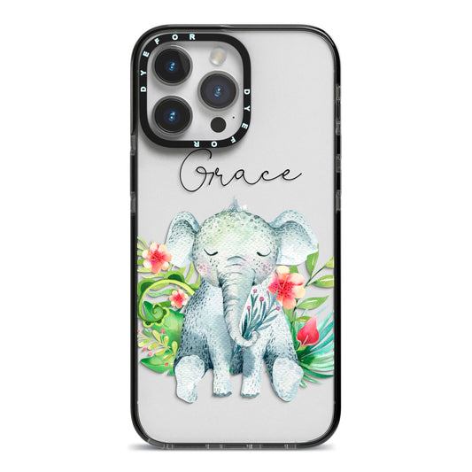 Personalised Baby Elephant iPhone 14 Pro Max Black Impact Case on Silver phone