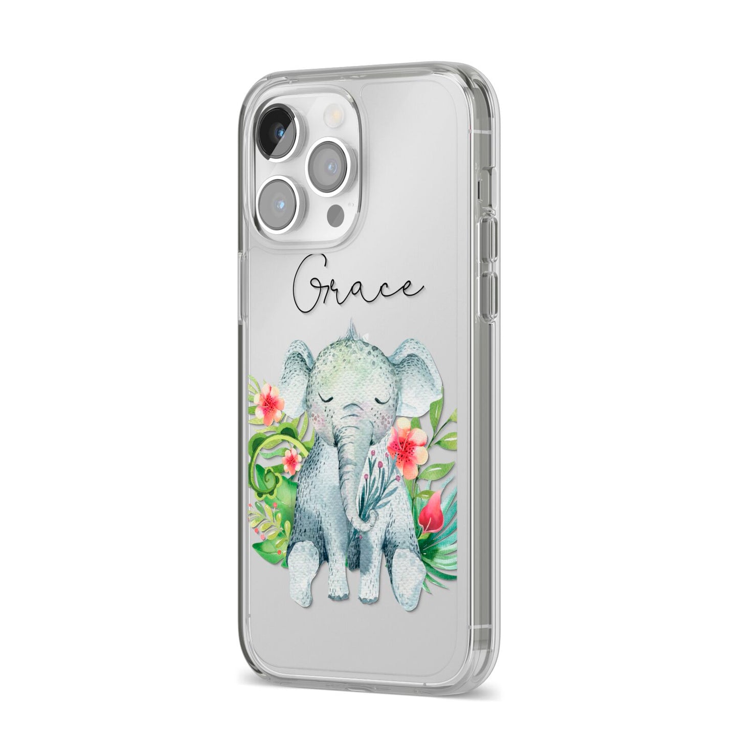 Personalised Baby Elephant iPhone 14 Pro Max Clear Tough Case Silver Angled Image