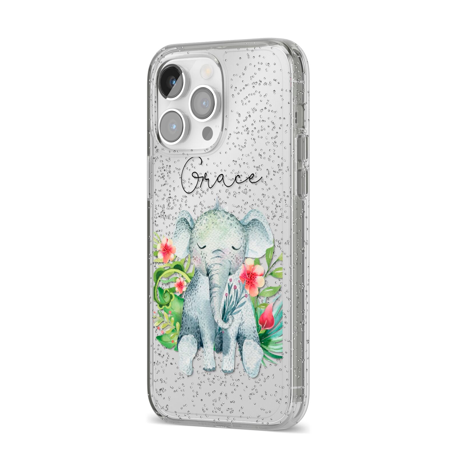 Personalised Baby Elephant iPhone 14 Pro Max Glitter Tough Case Silver Angled Image