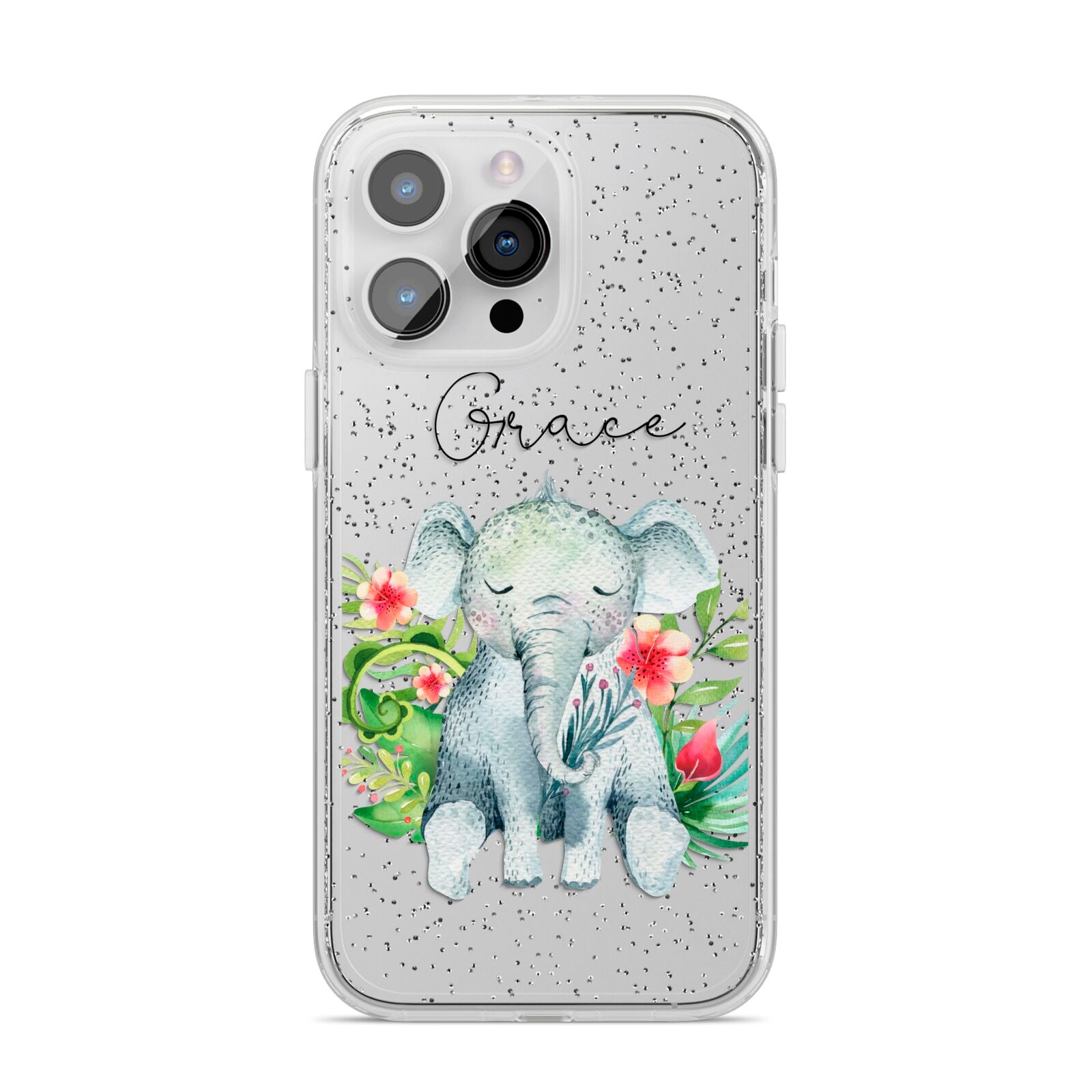 Personalised Baby Elephant iPhone 14 Pro Max Glitter Tough Case Silver
