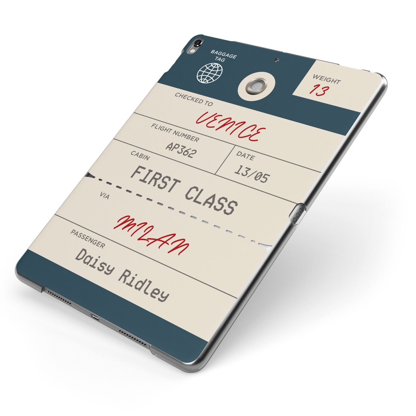 Personalised Baggage Tag Apple iPad Case on Grey iPad Side View