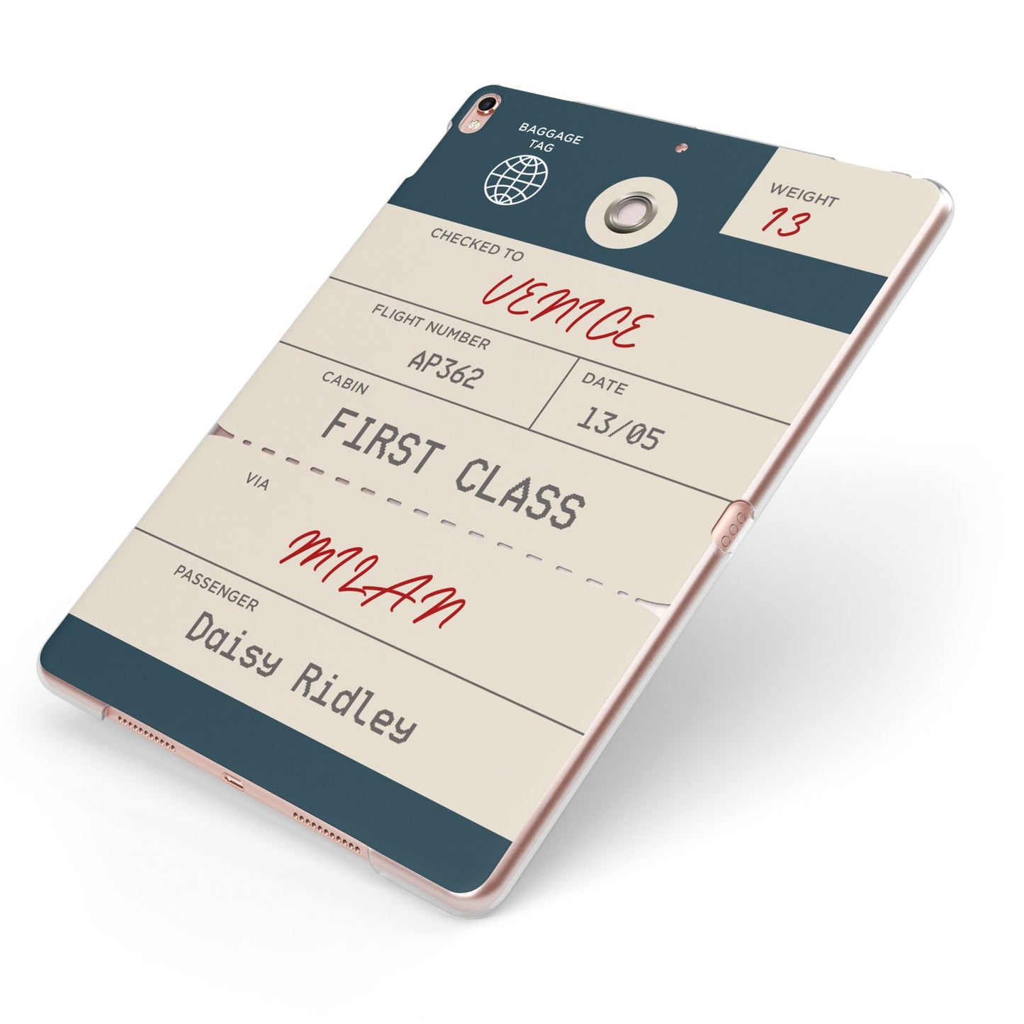 Personalised Baggage Tag Apple iPad Case on Rose Gold iPad Side View