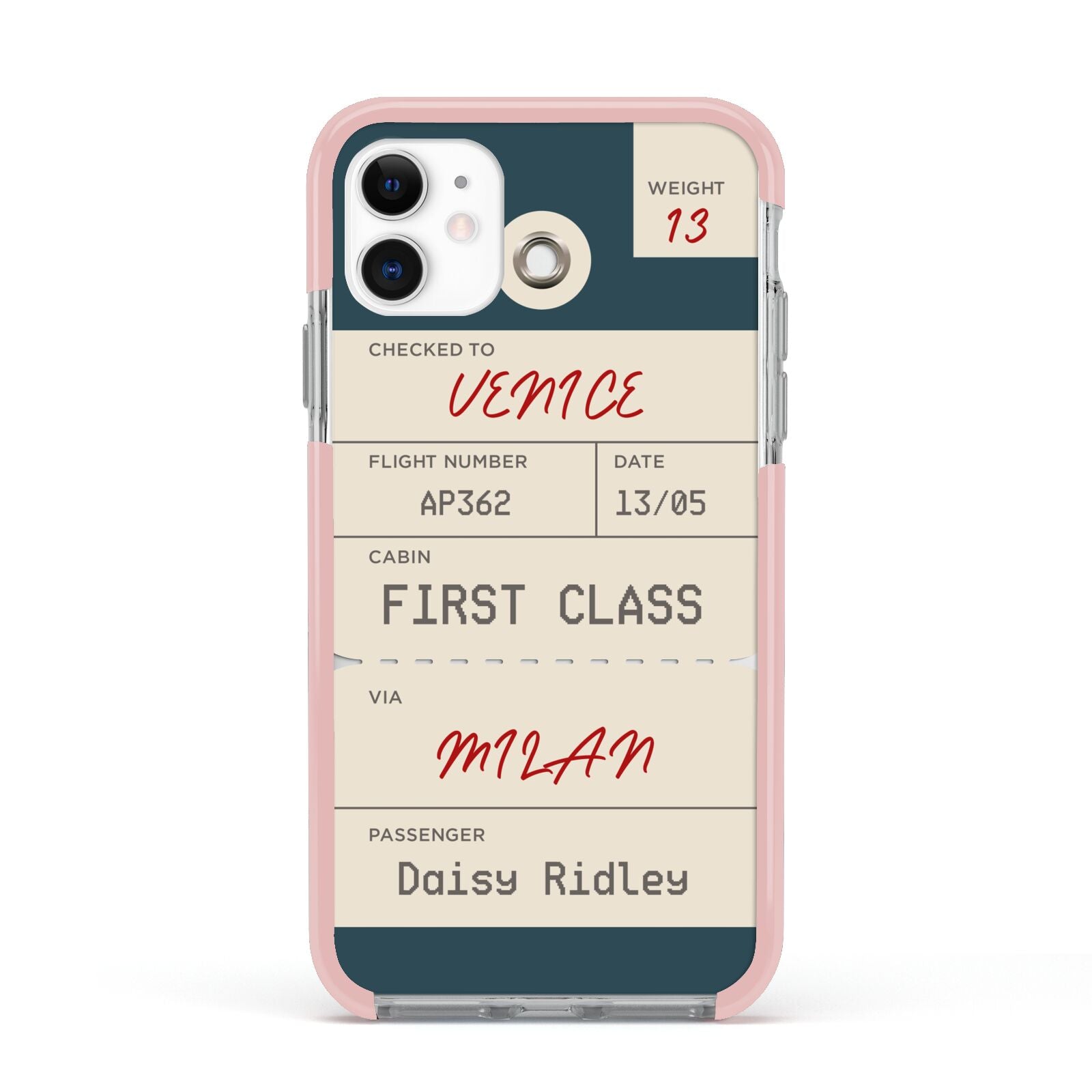 Personalised Baggage Tag Apple iPhone 11 in White with Pink Impact Case