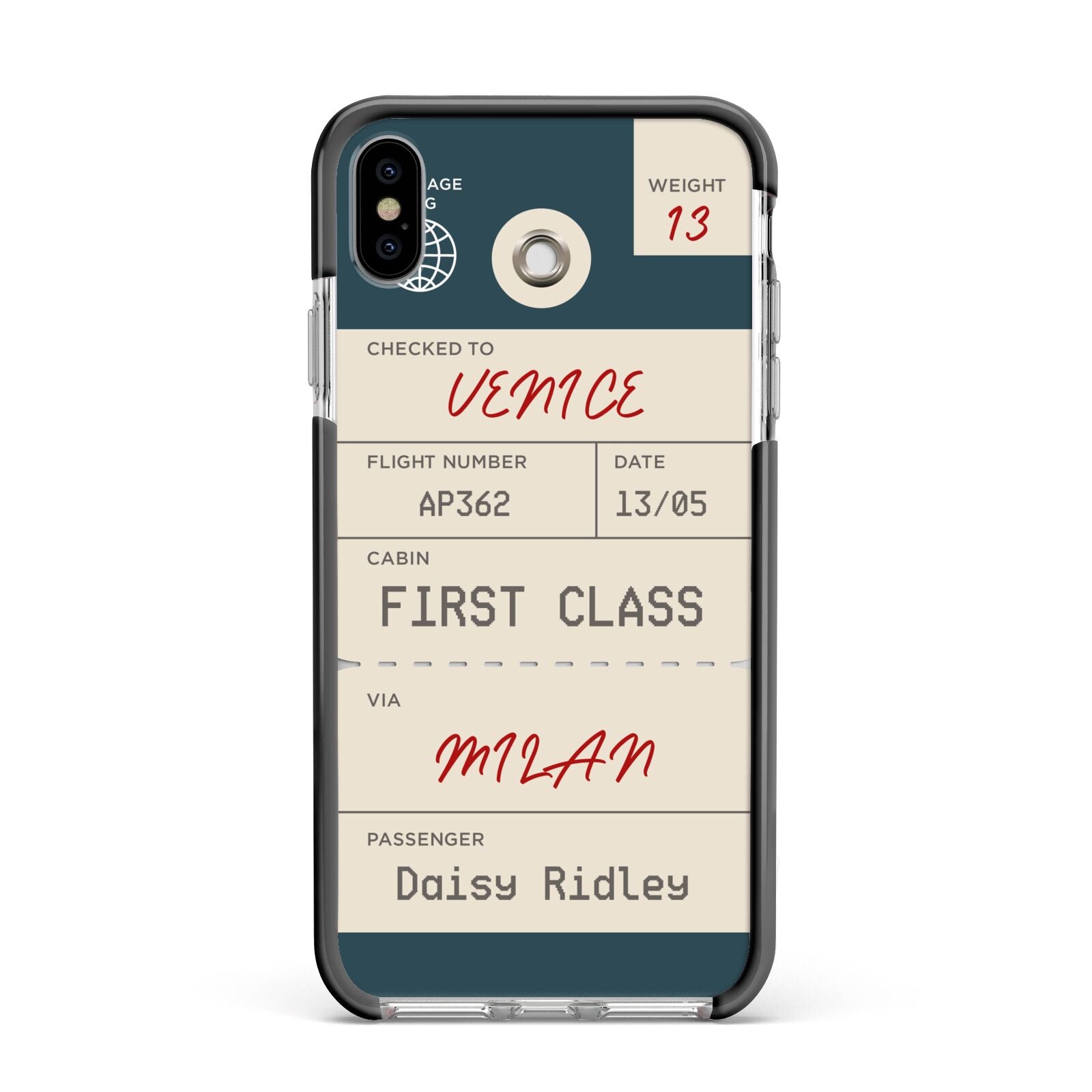 Personalised Baggage Tag Apple iPhone Xs Max Impact Case Black Edge on Silver Phone