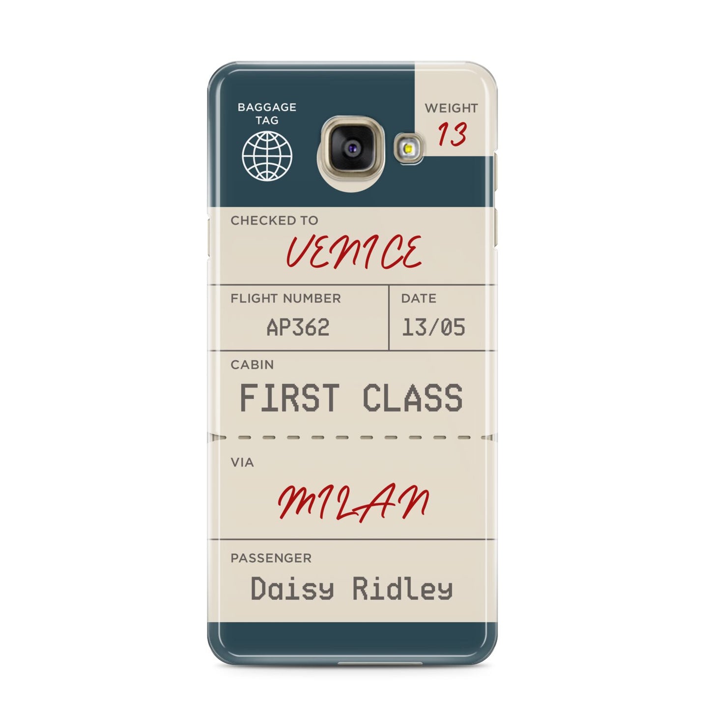 Personalised Baggage Tag Samsung Galaxy A3 2016 Case on gold phone