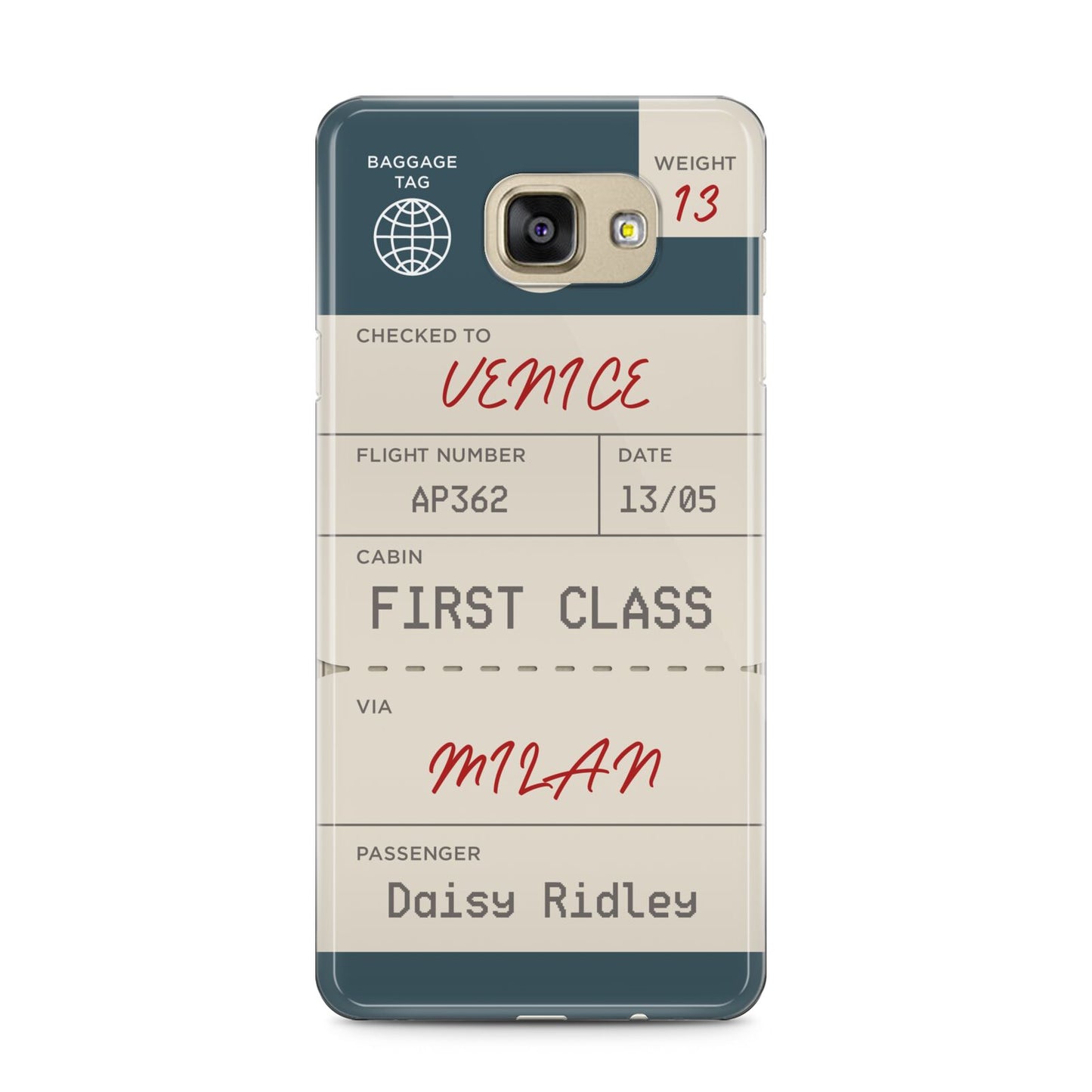 Personalised Baggage Tag Samsung Galaxy A5 2016 Case on gold phone