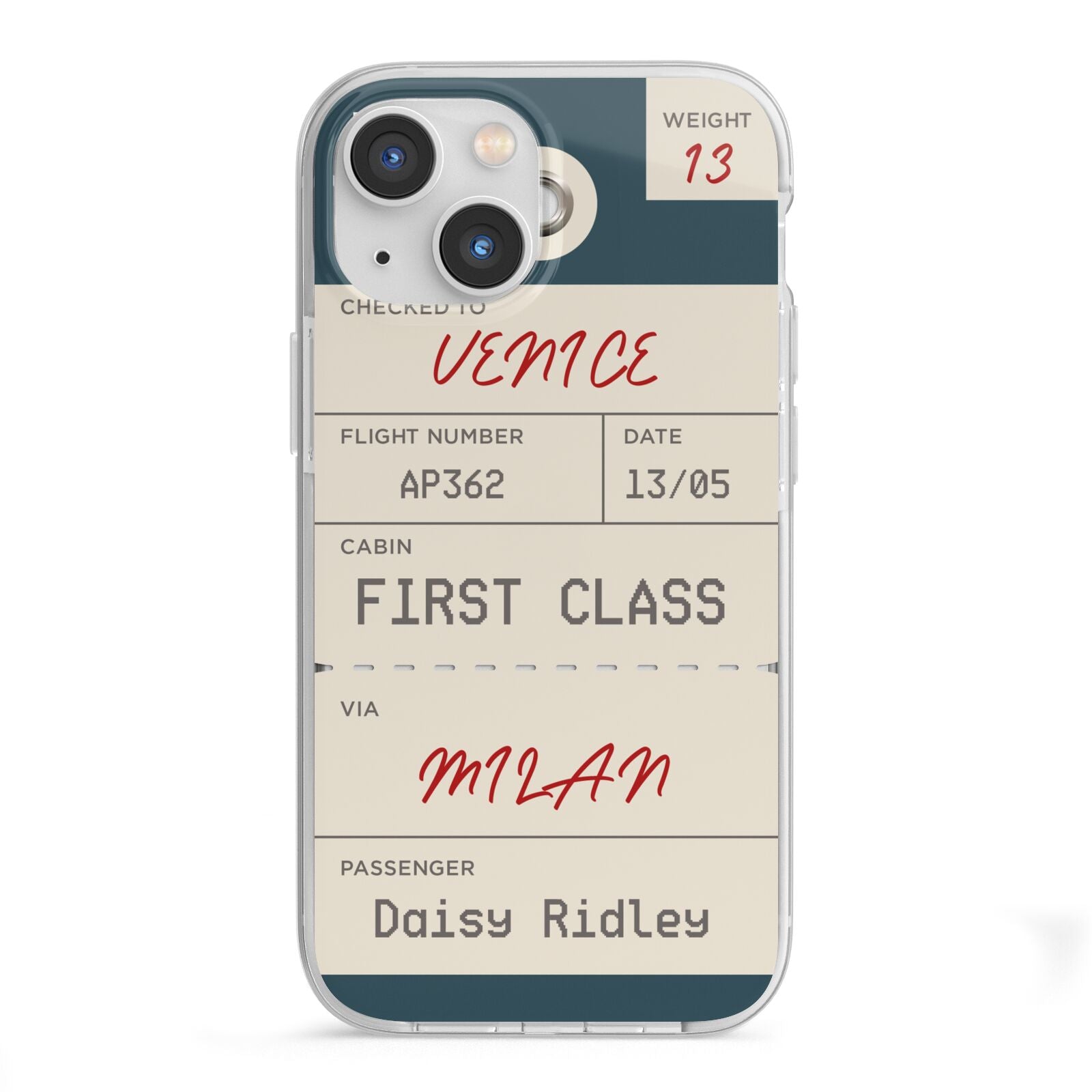 Personalised Baggage Tag iPhone 13 Mini TPU Impact Case with White Edges