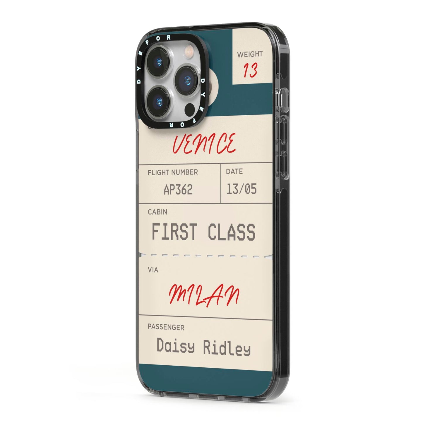 Personalised Baggage Tag iPhone 13 Pro Max Black Impact Case Side Angle on Silver phone