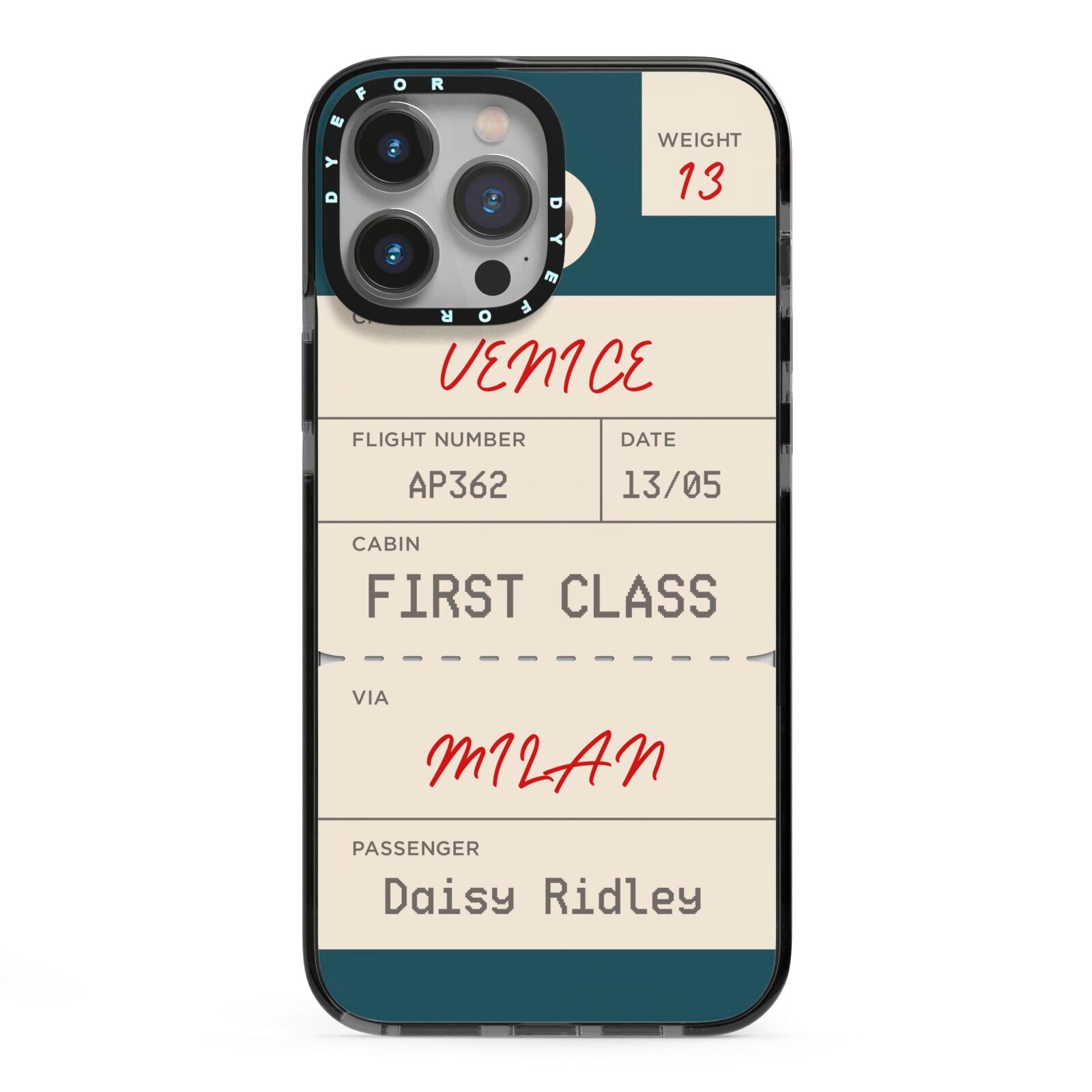 Personalised Baggage Tag iPhone 13 Pro Max Black Impact Case on Silver phone