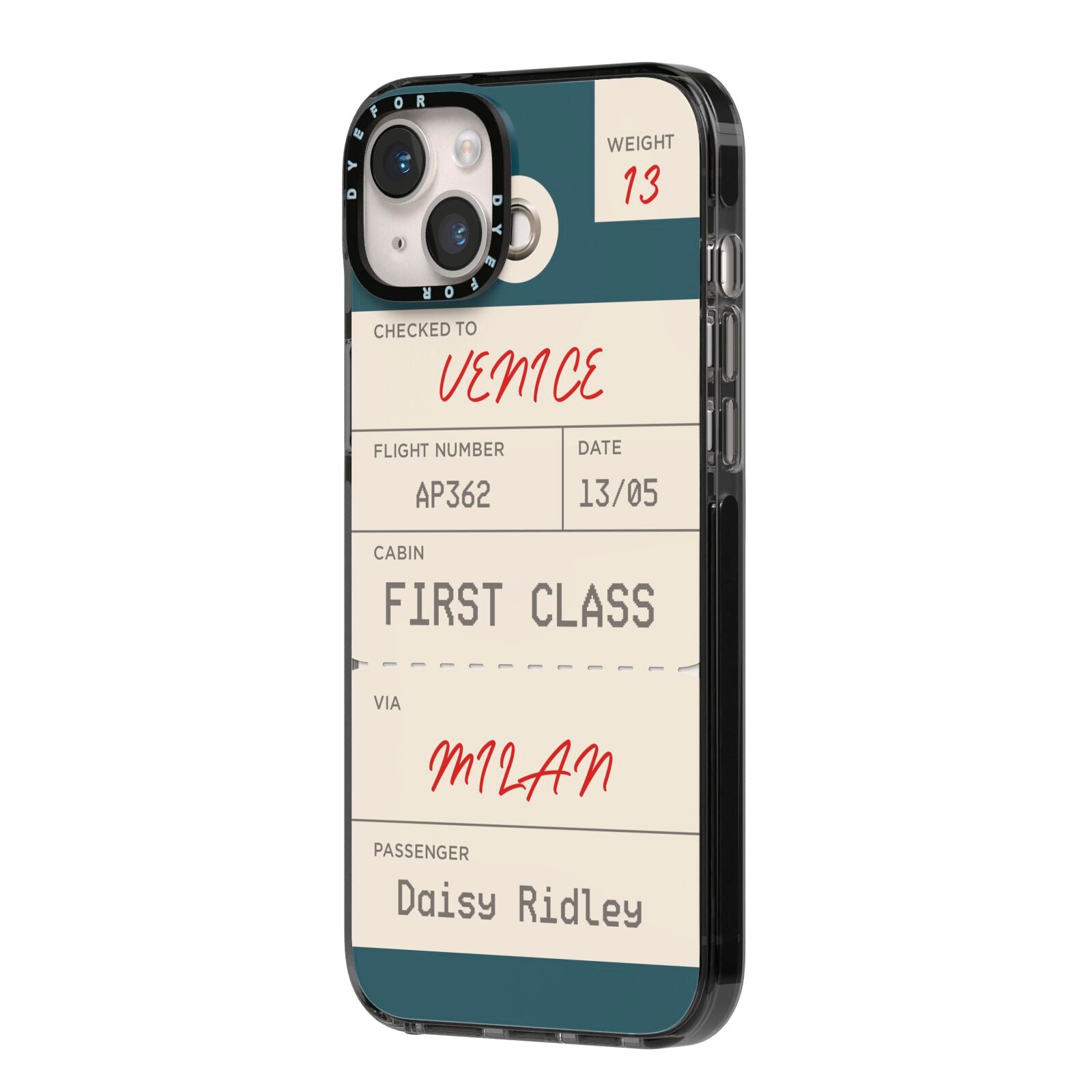 Personalised Baggage Tag iPhone 14 Plus Black Impact Case Side Angle on Silver phone