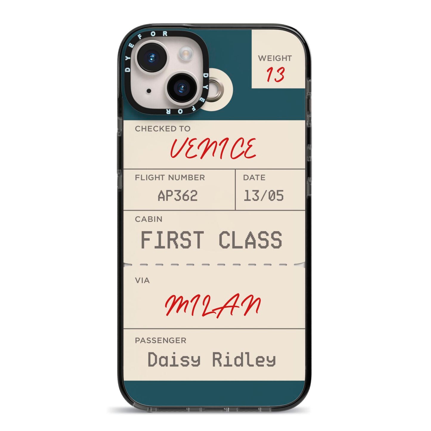 Personalised Baggage Tag iPhone 14 Plus Black Impact Case on Silver phone