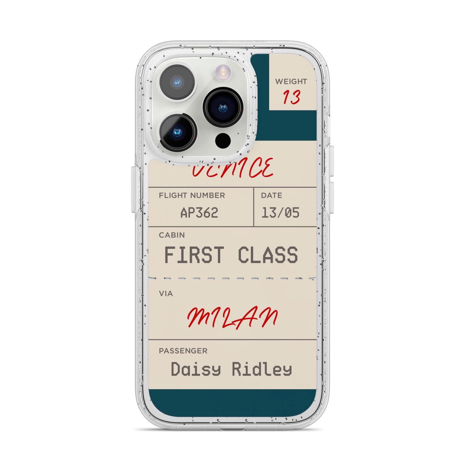 Personalised Baggage Tag iPhone 14 Pro Glitter Tough Case Silver