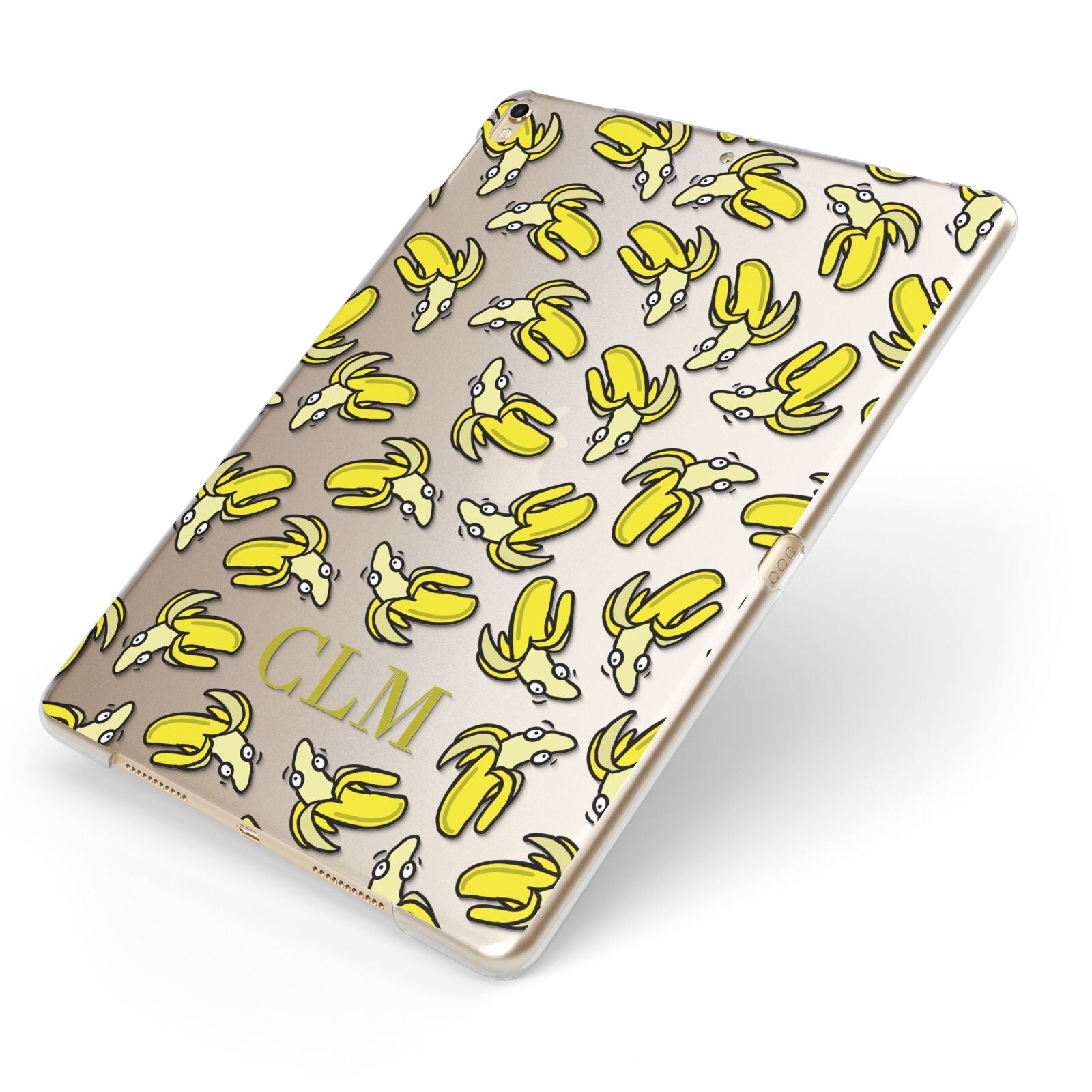 Personalised Banana Initials Clear Apple iPad Case on Gold iPad Side View