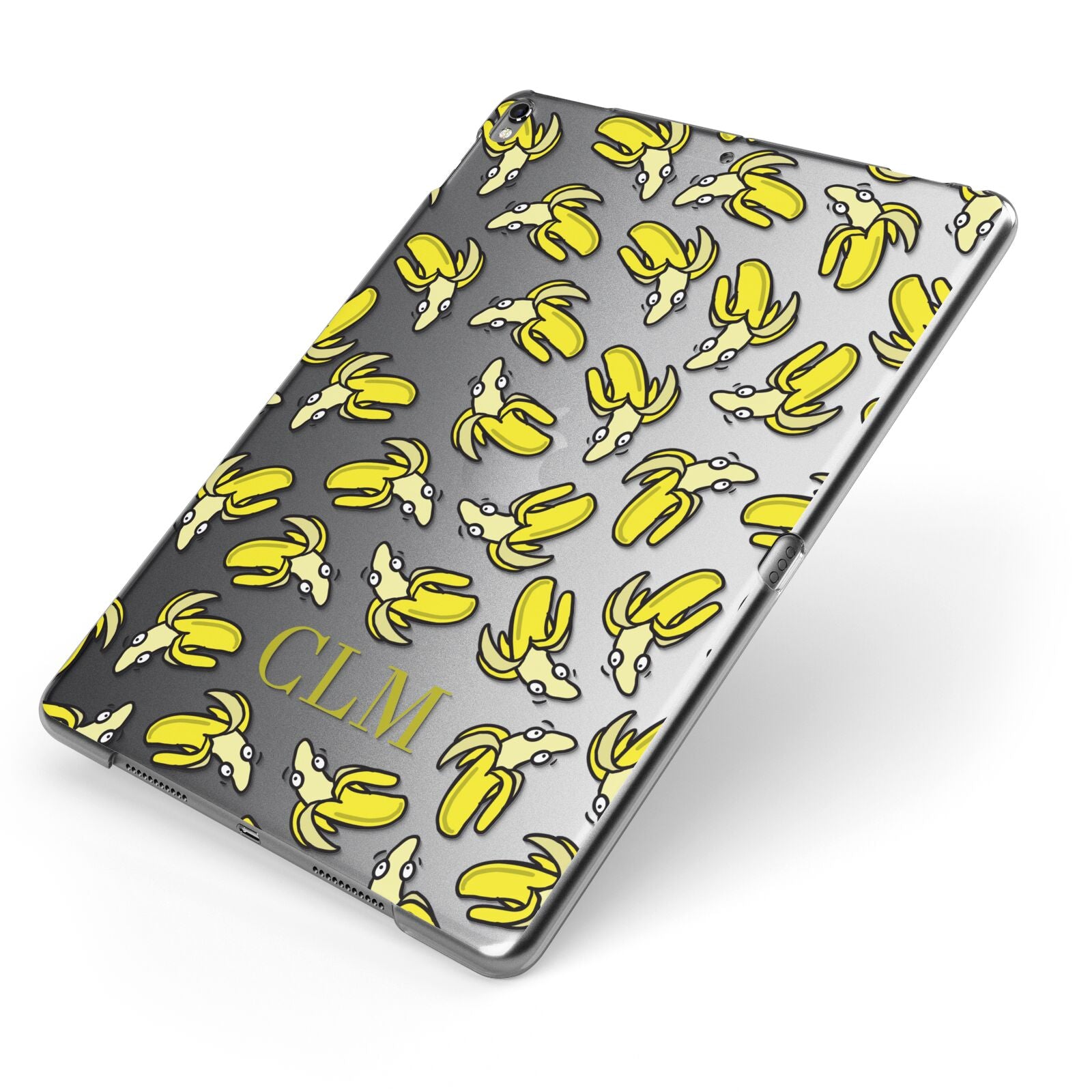 Personalised Banana Initials Clear Apple iPad Case on Grey iPad Side View
