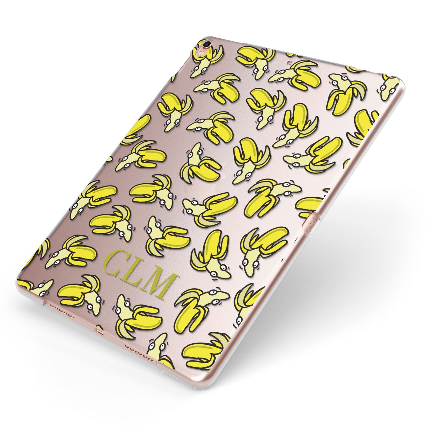 Personalised Banana Initials Clear Apple iPad Case on Rose Gold iPad Side View