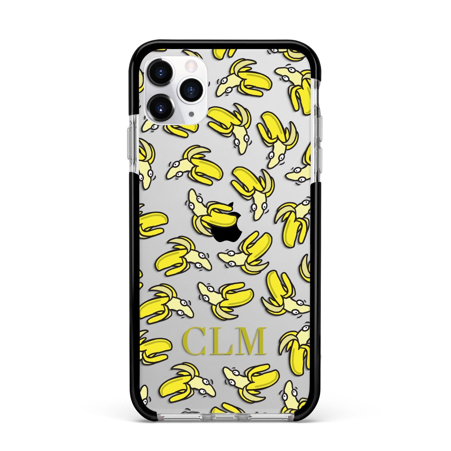 Personalised Banana Initials Clear Apple iPhone 11 Pro Max in Silver with Black Impact Case